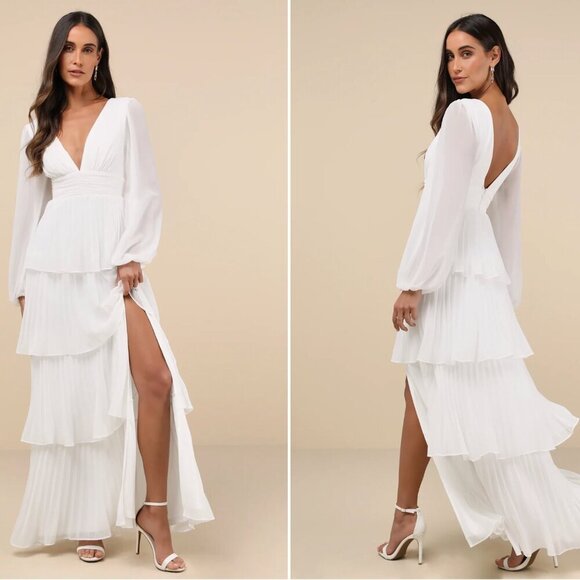 LULU's Sexy Elegant Bridal Wedding Romantic Flowy Boho Chiffon Long Sleeve Dress - Picture 4 of 4